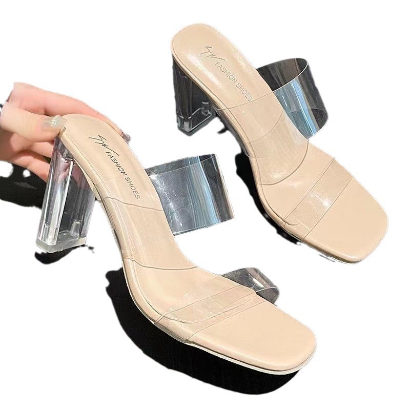 Plus-size transparent high heels for women, summer 2024 new style, one-strap high heels slippers, crystal heels, chunky heels sandals for women Item Picture
