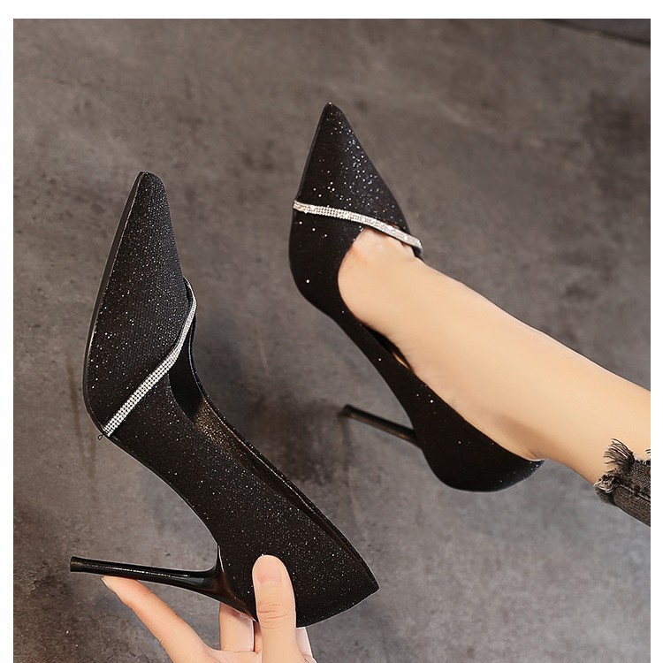 French socialite high heels 2025 Spring New Style rhinestone fairy style versatile golden pointed-toe slender single shoe for women details Picture