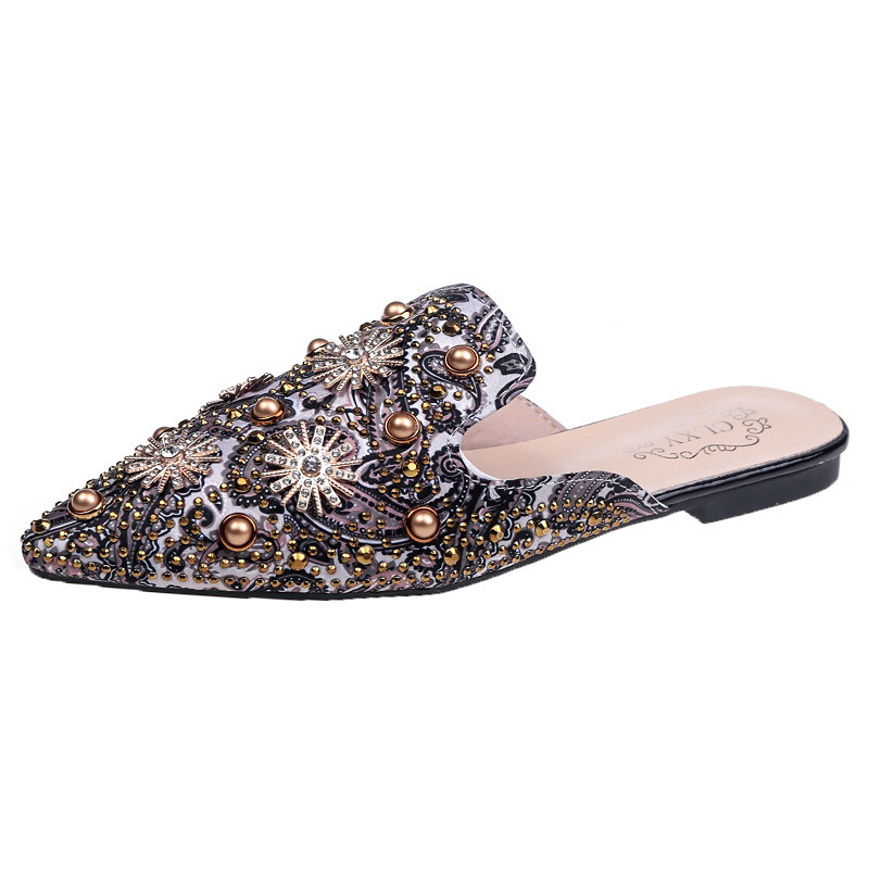 European Station 2024 Spring/Summer new sexy printed, rhinestone, riveted, pearl, pointed toe, one-shoulder slipper Item Picture