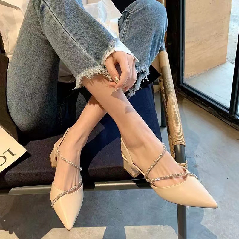 Stunning 2024 new style sandals, women's thick-heeled French summer high heels, pointed-toe single shoes, elegant women's shoes details Picture