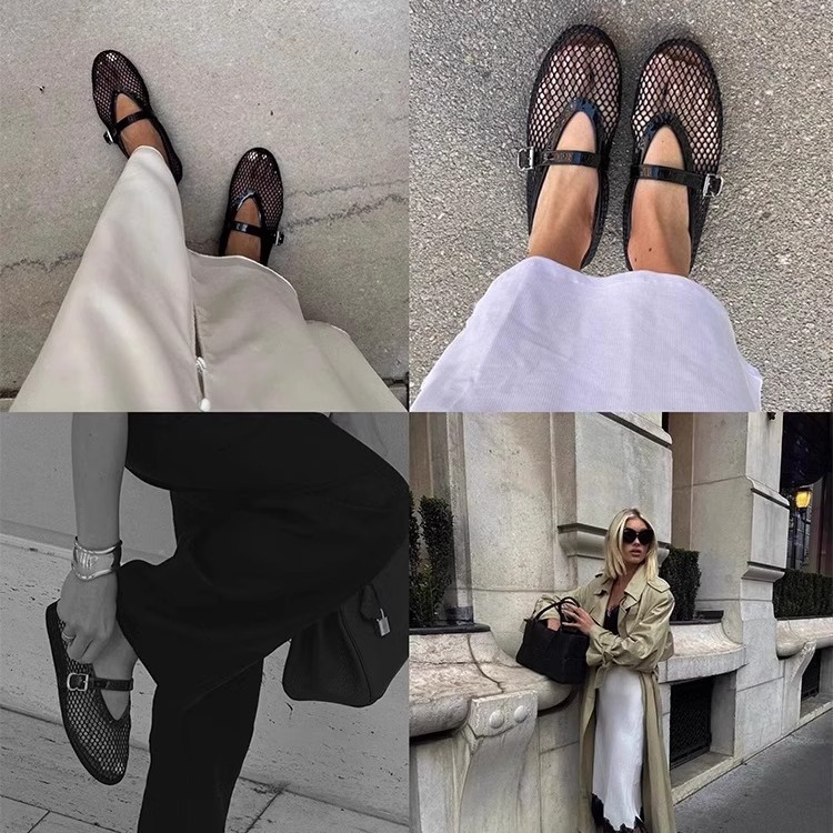 French-style hollowed-out ballet shoes for women, flat flat, one-button metal mesh, Mary Jane shoes, women's niche design single shoes details Picture
