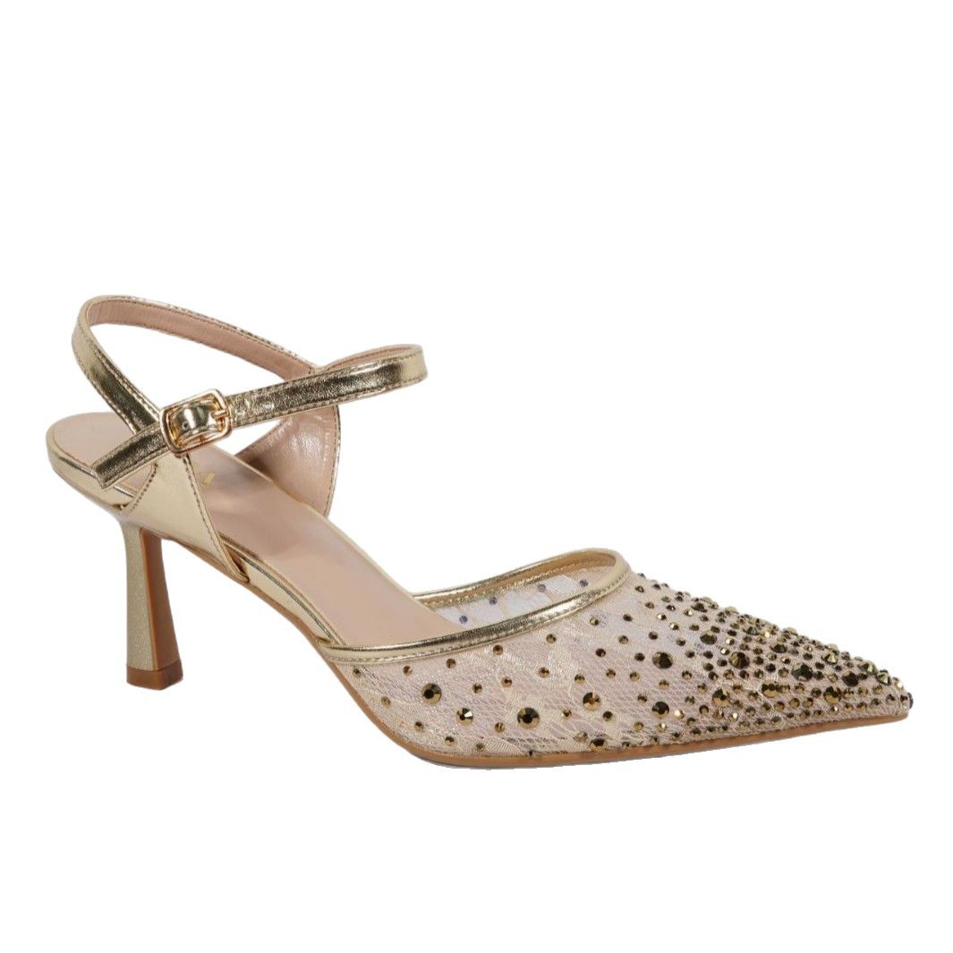 Pointed-toe stiletto high heels for women with sequined fabric, Spring/Summer 2025 new style, one-button with skirt, banquet shoes, single shoe Item Picture