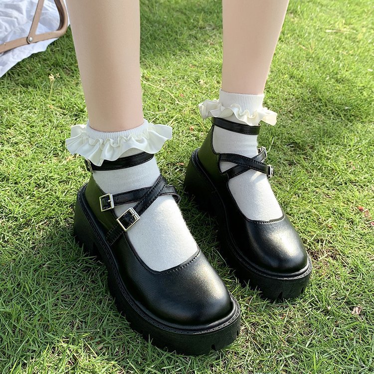 The 2025 winter new retro casual high-heeled, low-cut Mary Jane single shoe, one-shoulder buckle thick-soled height-increasing small leather shoes Specification drawing