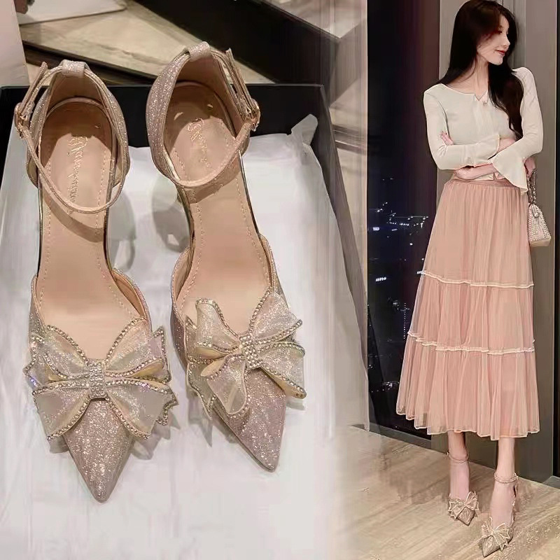 Women's Summer sandals 2023 New style water diamond hollow bow bridesmaid shoes High heels Fairy pointed-toe single shoes Women's thin heels Application Scenario