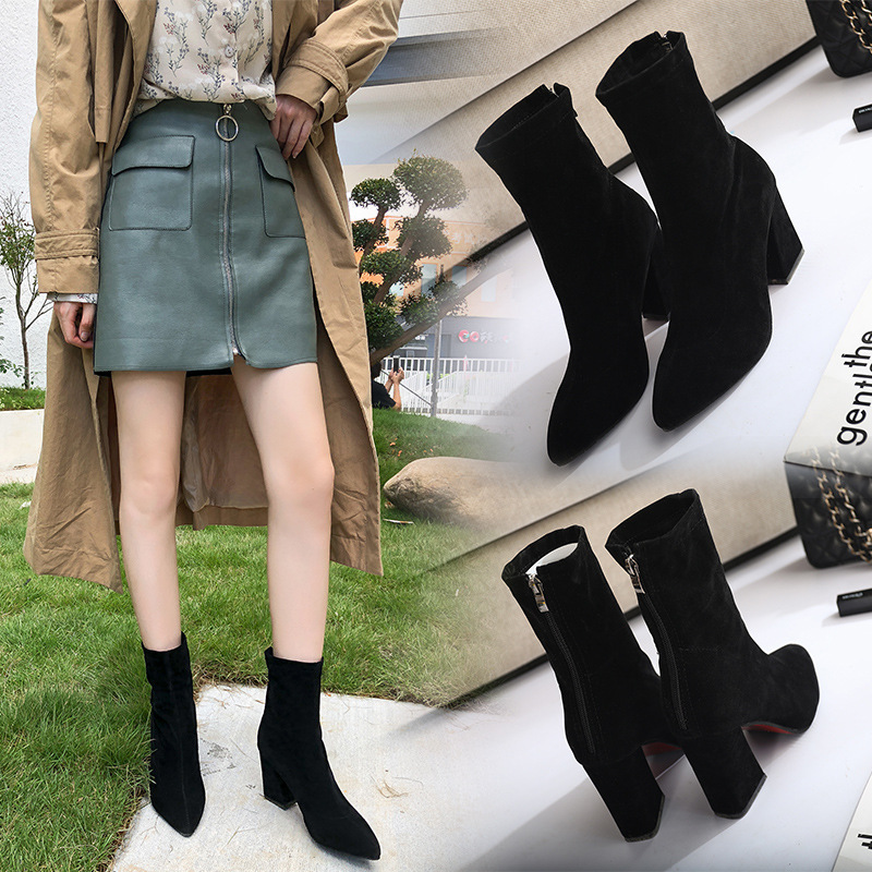 Women's boots 2025 New Korean version autumn and winter mid-calf pointed-toe chunk-heeled short boots for women, high heels for women, elastic boots for women details Picture