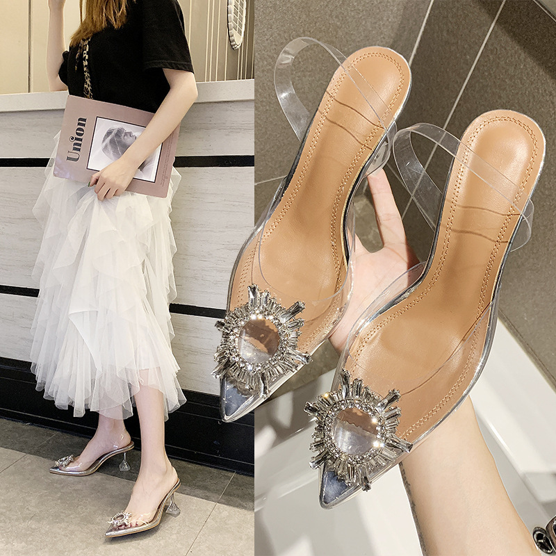 Women's sandals 2023 Summer New Style, pointed-toe, flip-top, PVC sexy metal decoration, lady shoes, fashionable full figure