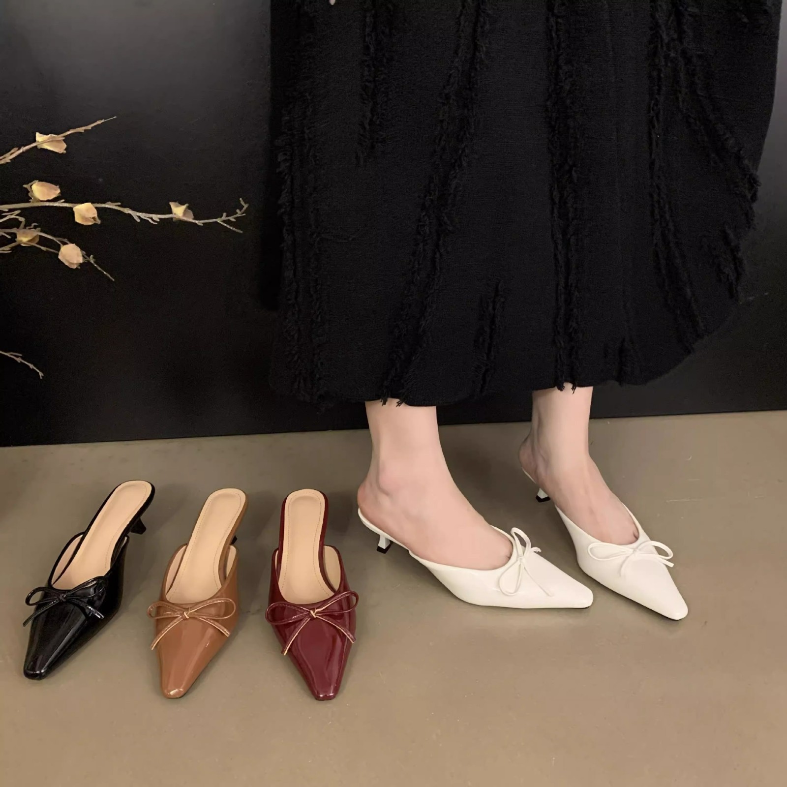Summer 2025 new style bow mid-calf mules, flip-flops, women's pluse-size high-heeled single sandals full figure