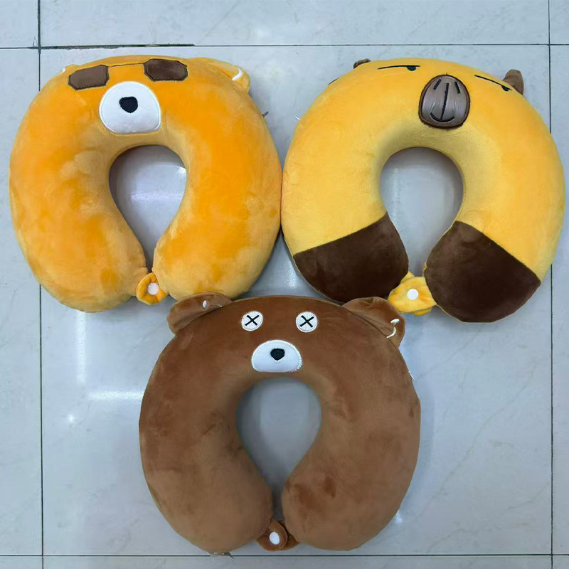 Animal bear cartoon anime peripheral latex neck pillow, cute cartoon U-shaped travel car, high-speed rail, plane, travel and tourism pillow, nap memory foam, plain neck protection pillow, rebound velvet cubic memory foam U-shaped pillow details Picture