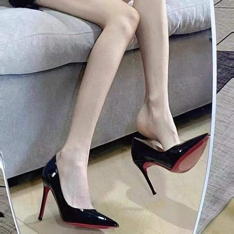 Black high-heeled women's slim heels, new Spring and Autumn 2024 style red soled patent leather pointed-toe sexy professional work single shoes for women Specification drawing