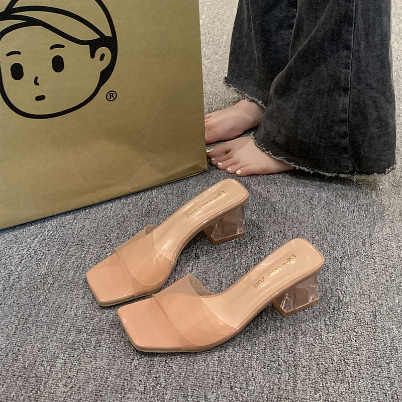 Transparent crystal slippers for women to wear outside in summer 2024, new thick-heeled, square-toed, open-toe cool slippers for women to wear outside in summer details Picture