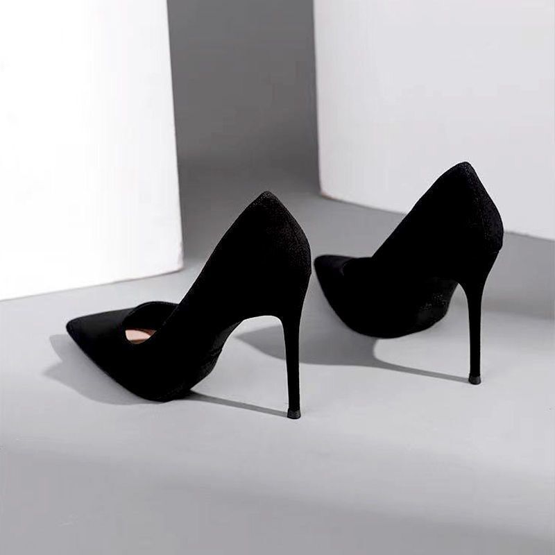High-heeled women's 2024 Spring and Autumn new style black thin-heeled pointed-toe shallow-mouthed suede professional shoes, large-sized etiquette shoes for export Specification drawing