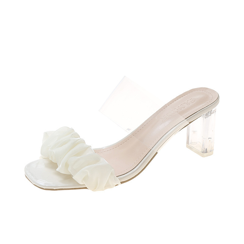 2024 New Korean fairy style transparent thick-heeled one-head pleated cool slippers Summer high-heeled slippers for women Item Picture