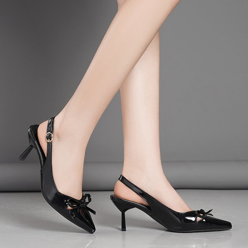 Pointed-toe bow shallow-mouthed thin-heeled flip-top sandals for women, Spring/Summer 2025, high-heeled single shoes with back straps Specification drawing