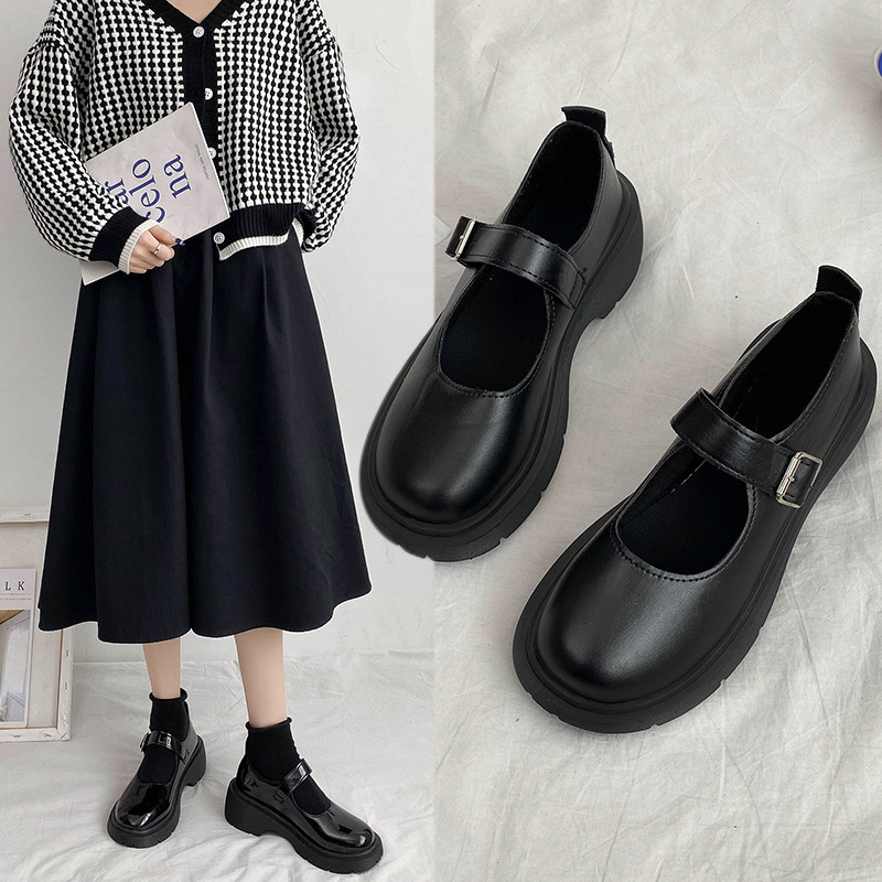 High-heeled women's 2025 autumn new round toe thick heel versatile retro Japanese-style small leather shoes black Mary Jane shoes full figure