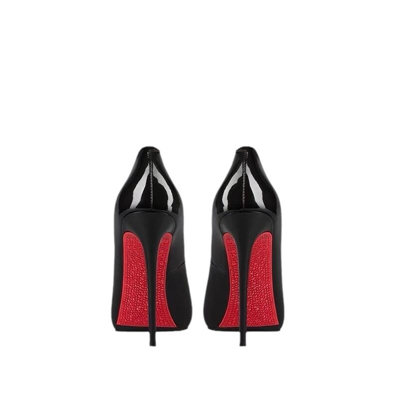 A new Spring 2024 collection of red soled rhinestone black single-heeled high-heeled shoes with pointed patent leather, exuding a masculine charm Item Picture