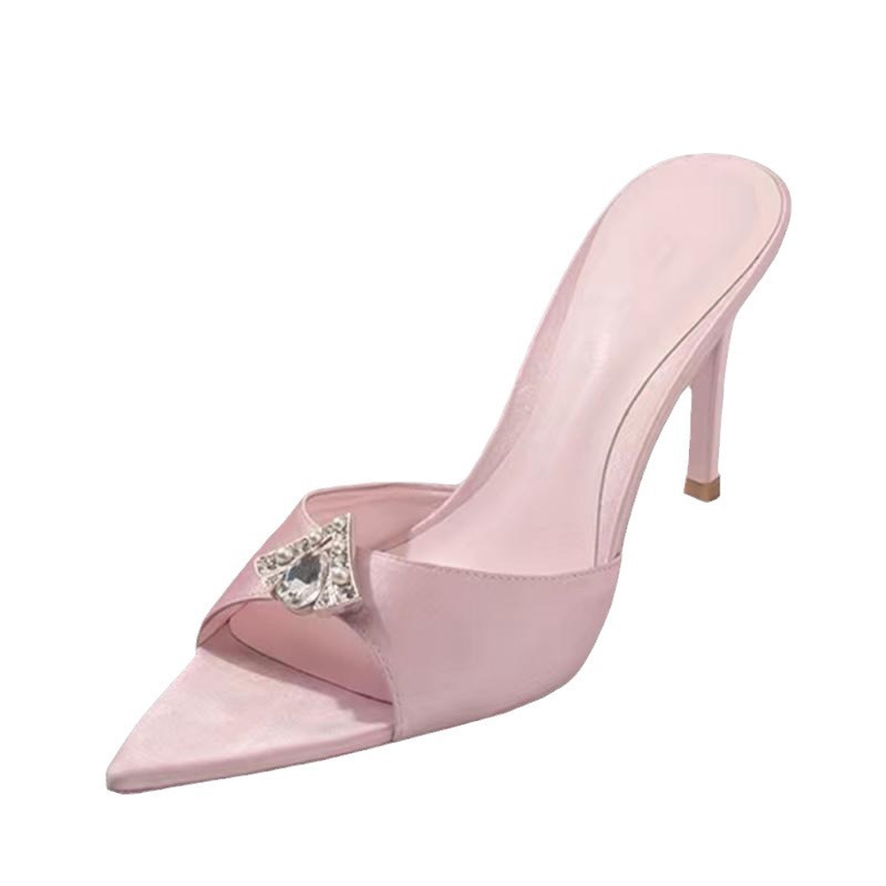 35-42 large-sized pointed-toe high-heeled sandals for women, new summer 2024 style, satin rhinestone fairy style, thin heels, one-shoulder Item Picture