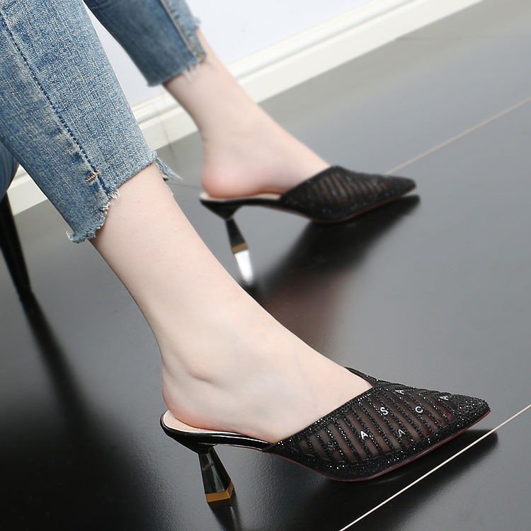 Women's 2021 new style mesh pointed-toe thin-heeled trendy slippers High-heeled outerwear Korean-style half-slipper women's summer Application Scenario