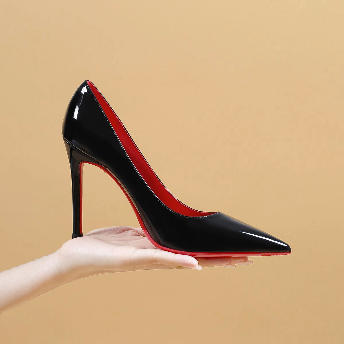 Red sole, black high heels, women's slender heels, sexy night club 2023 Spring and Autumn new bed patent leather pure sensual style single shoe Specification drawing