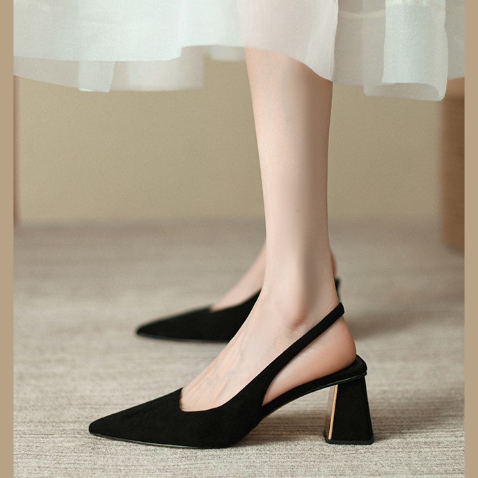 2025 Summer New sexy, fashionable and versatile pointed-toe chunk-heeled sandals with side open cuffs, high-heeled sandals for women's export details Picture