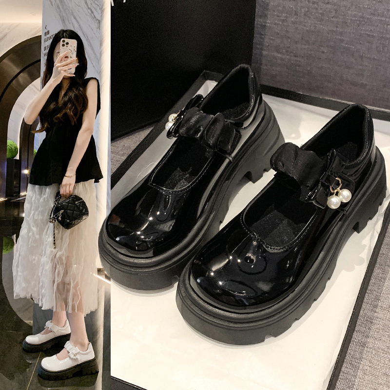 Black French thick-soled Mary Jane small leather shoes for women 2025 new spring, paired with skirts, round-toe pearl chunk-heeled single shoes full figure
