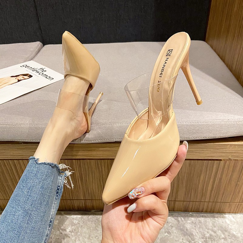 Large-sized slippers 2025 new Korean-style high-heeled flip-flops with thin heels, a one-line transparent strap, a toe cap, and half flip-flops for outerwear details Picture