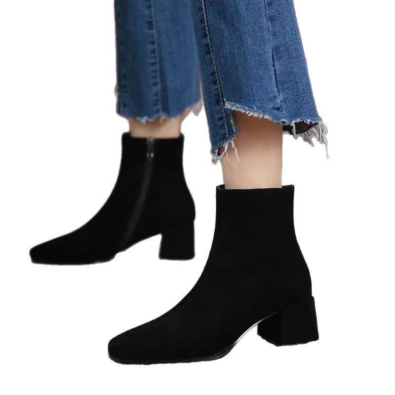 Short boots for Women 2025 Spring and Autumn New style Chunky-heeled boots, pointed high heels, mid-heeled short boots, suede women's boots, versatile boots Item Picture
