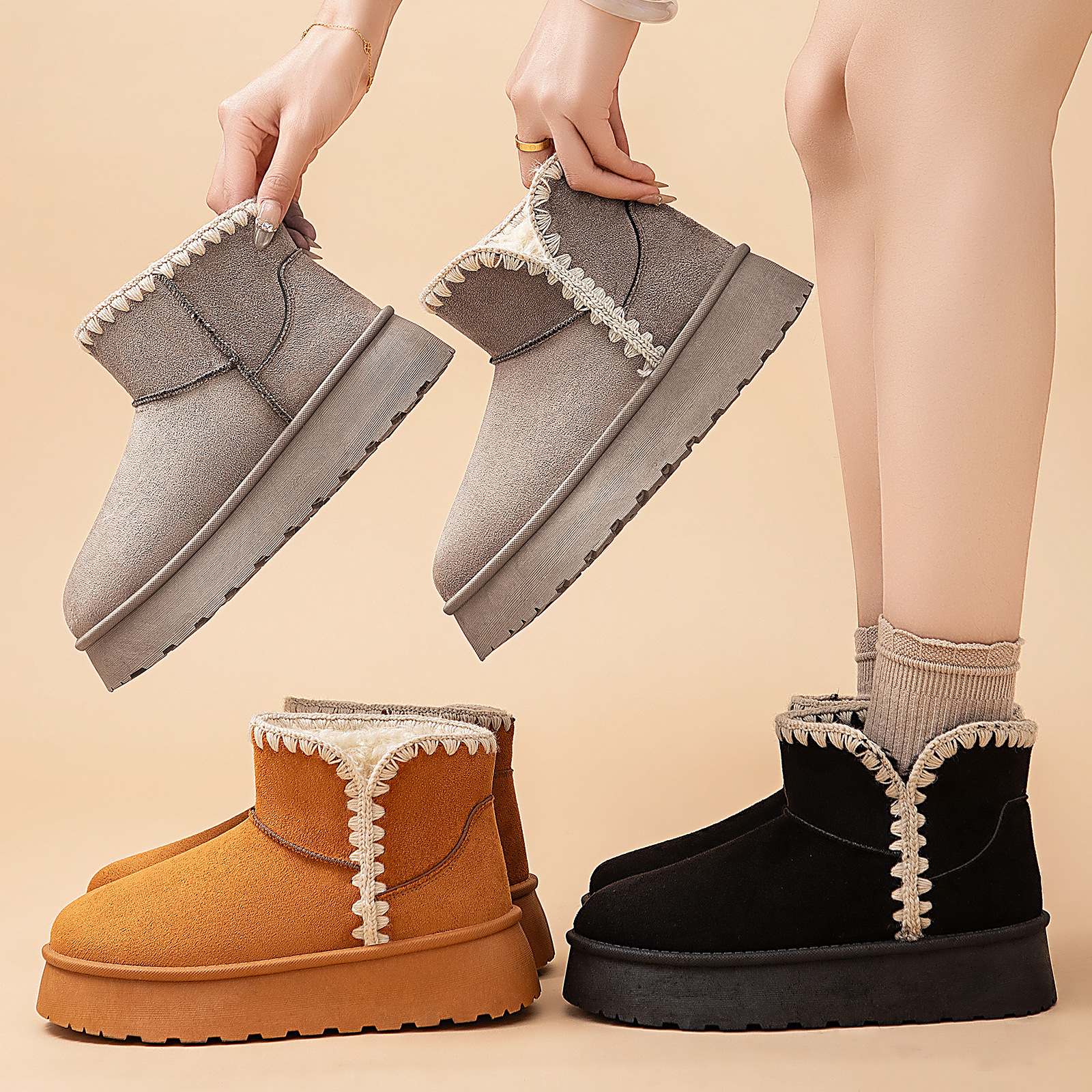 Women's snow boots, cross-border TEMU, cotton shoes, fleece and thickened cotton boots, mid-calf boots for one foot, thick-soled women's boots Application Scenario