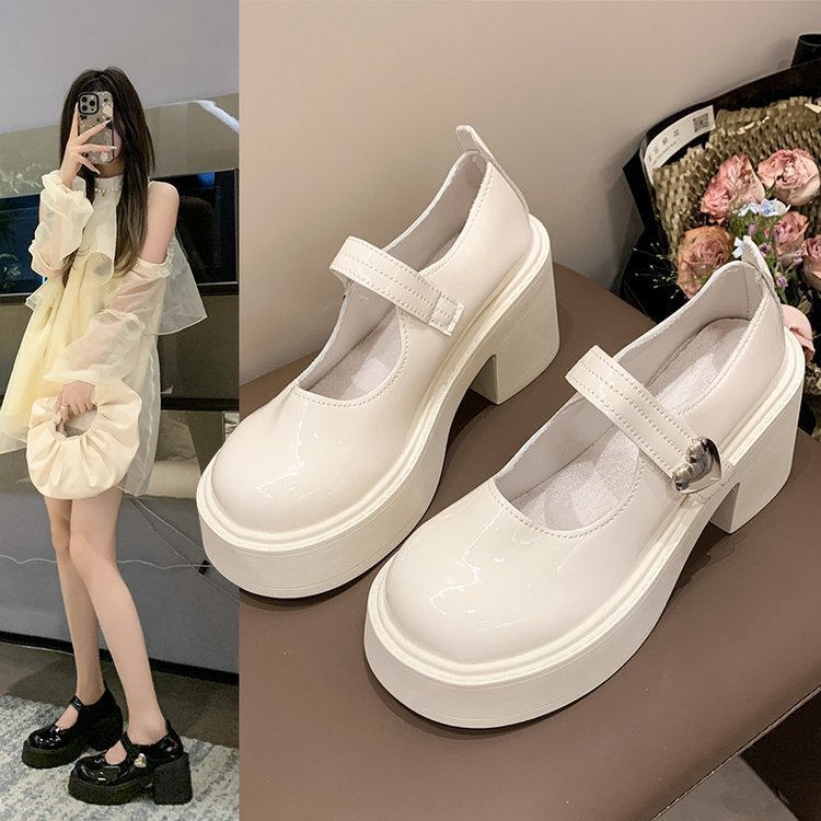 Round-toed, versatile, height-increasing, thick-soled small leather shoes for women to pair with spring and autumn skirts 2025 new style French Marie Jean shallow opening single shoes full figure