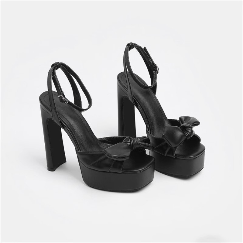 French-style, non-tiring, thick-heeled sandals for women 2025 summer, new square-toed bow waterproof platform paired with skirt and high heels Item Picture