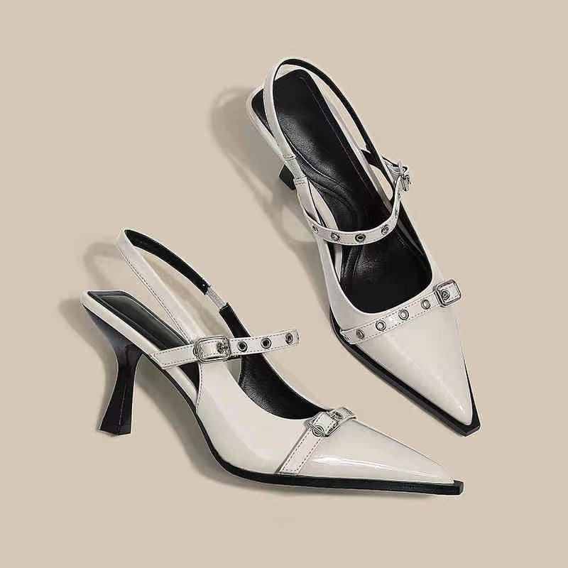 High-heeled women's 2025 summer new black pointed-toe, thin-heeled French one-strap, flip-top, shallow-mouthed single shoe Specification drawing