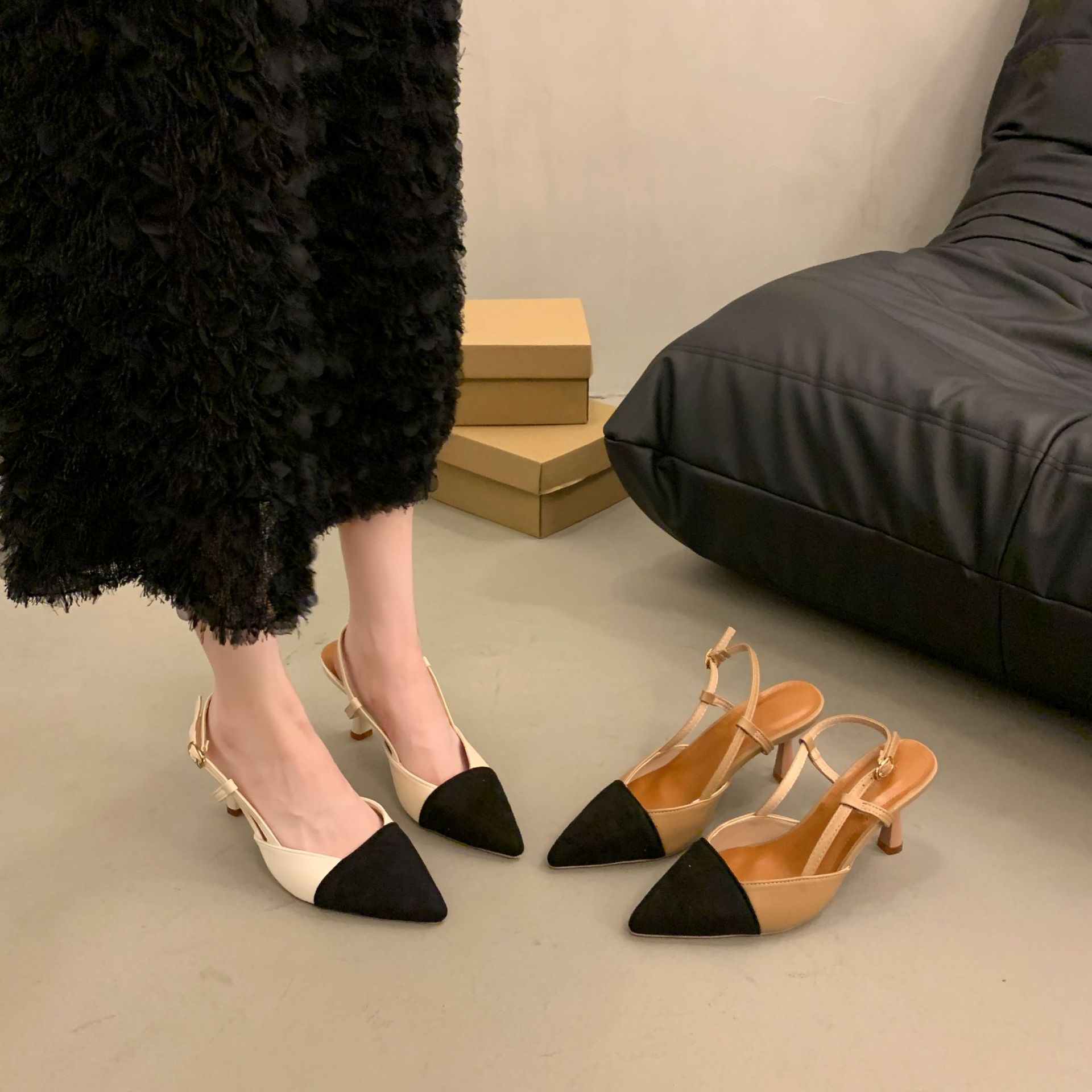 2024 Summer new fashion pointed-toe stilettos, French color-blocked low-heeled high heels, backheel fashion women's shoes full figure
