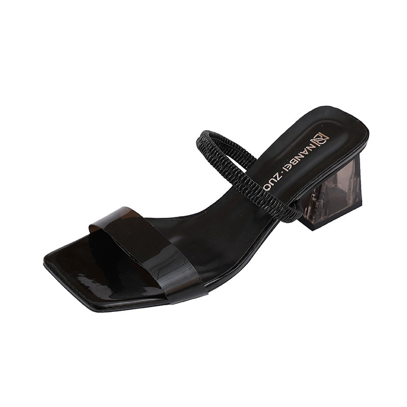 Water diamond transparent thick-heeled sandals for women's summer 2025 new French fashion square-toed toe revealing fairy one-shoulder Item Picture