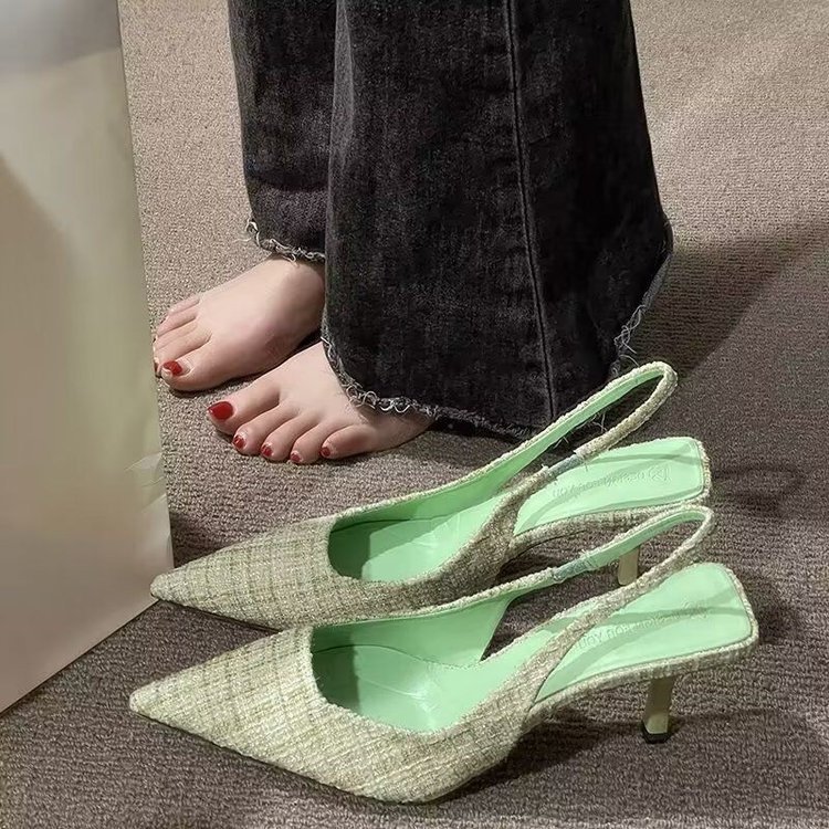 High-end chanel-style high heels, narrow-heeled pointed-toe sandals for women, 2025 summer new style, backheel, pocket, large-sized single shoes Specification drawing