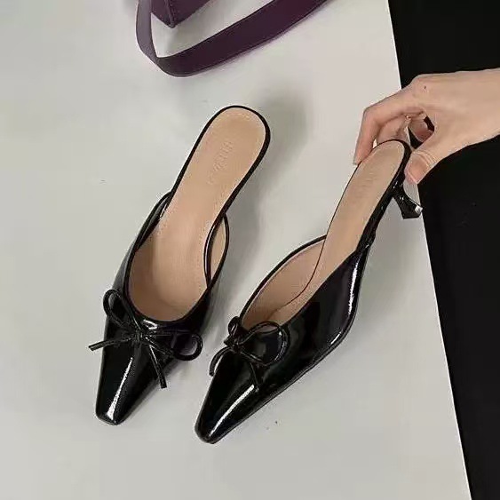 Amazon 2024 new bow thin-heeled shoes for export, large size wine red outerwear slippers, retro pointed-toe half slippers full figure