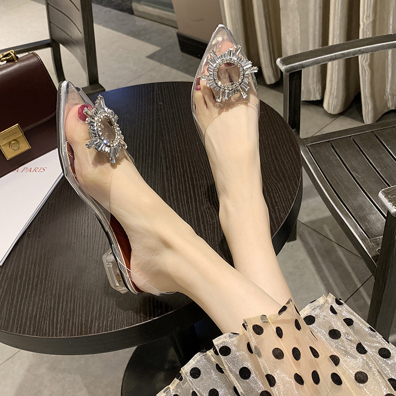 New Spring/Summer 2025 style pointed-toe one-line high heels with sunflowers, transparent crystal shoes, thick-heeled wine glass sandals for women full figure