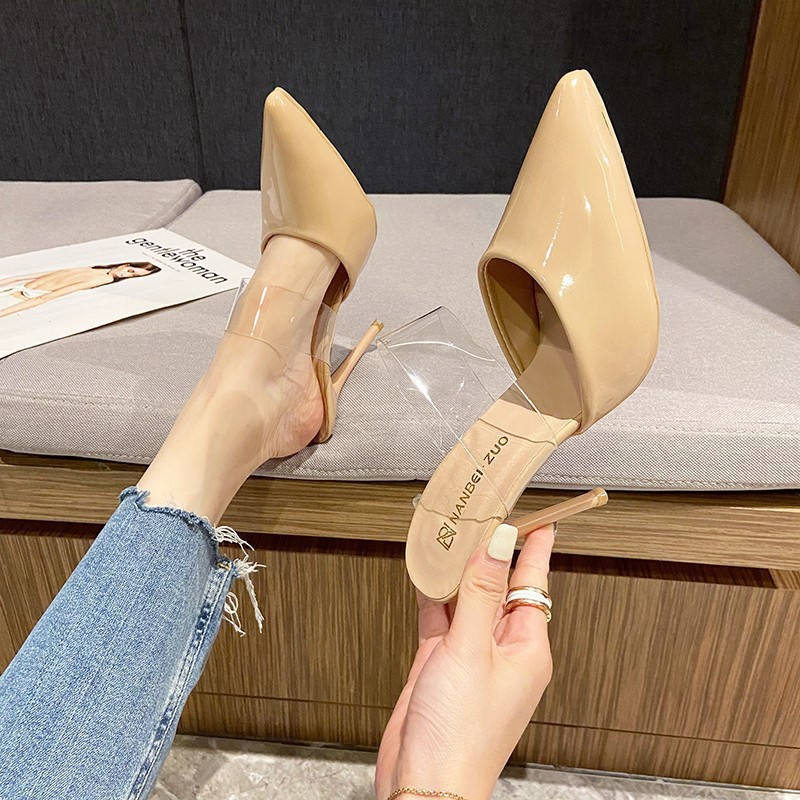 Large-sized slippers 2025 new Korean-style high-heeled flip-flops with thin heels, a one-line transparent strap, a toe cap, and half flip-flops for outerwear Specification drawing