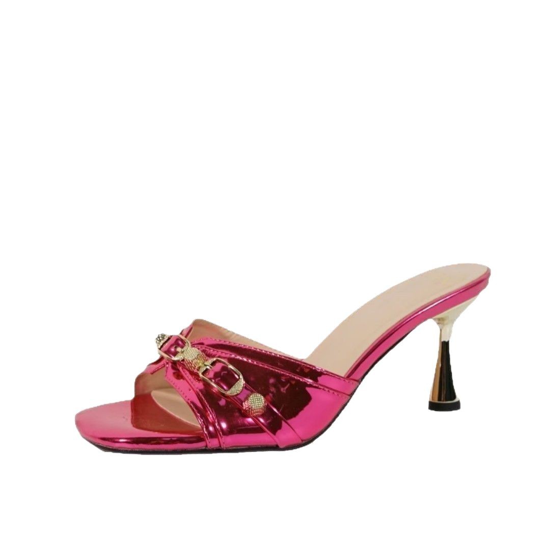 Cross-border foreign trade summer new square-toed high-heeled sandals with fish-mouth rivet pin buckle and empty fashion show style slippers on delivery Item Picture