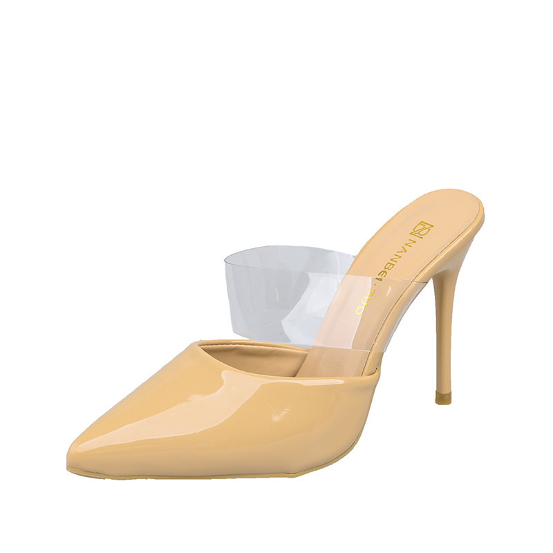 Large-sized slippers 2025 new Korean-style high-heeled flip-flops with thin heels, a one-line transparent strap, a toe cap, and half flip-flops for outerwear Item Picture