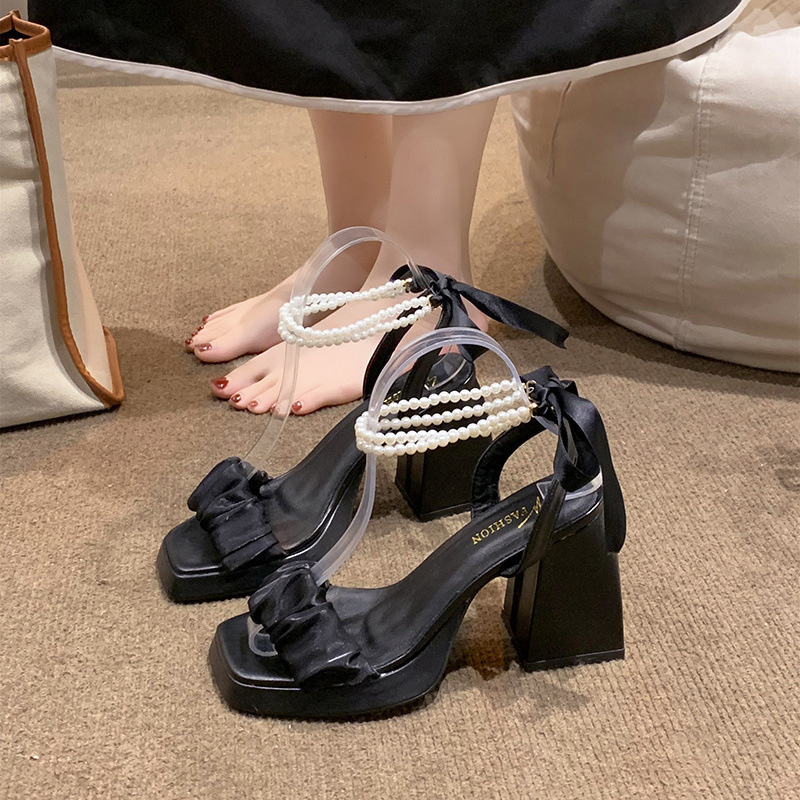 Women's summer 2025 new style mesh high heels, medium and thick heels, crystal French fairy pearl Roman sandals, ins Specification drawing