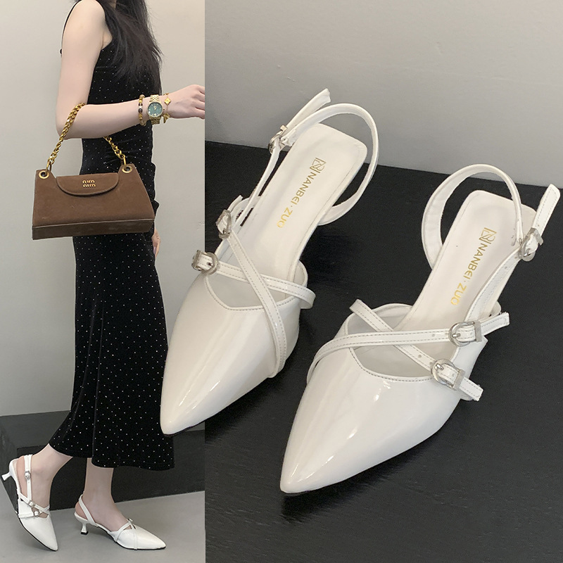 2025 New French design style patent leather pointed-toe shallow-mouthed belt-buckle high heels, soft-soled slim fit, single shoe for women full figure