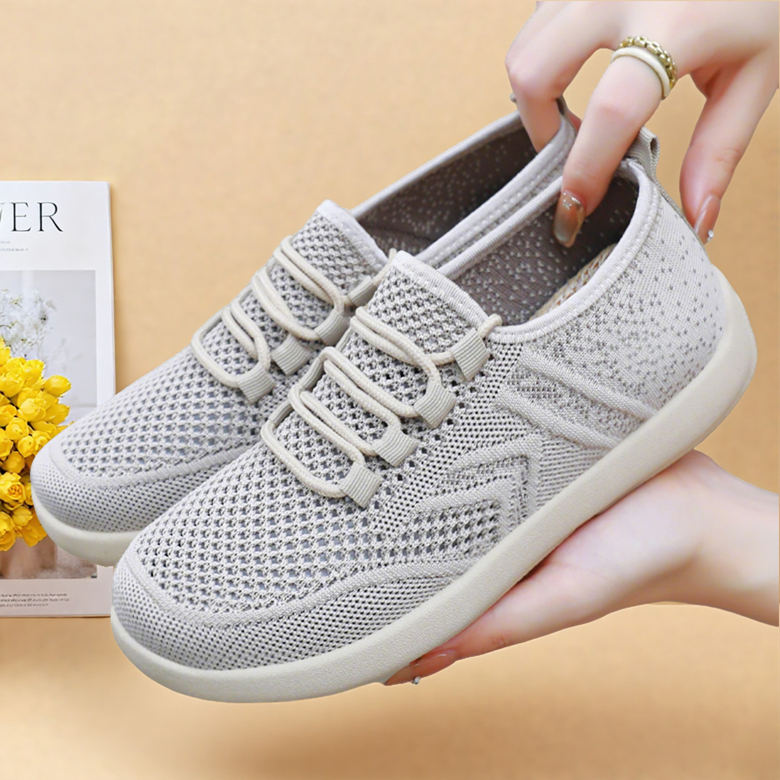 New women's casual shoes made of woven fabric are light, breathable, single shoes, cross-border hair-making, soft-soled, comfortable and simple lace-up mesh shoes details Picture