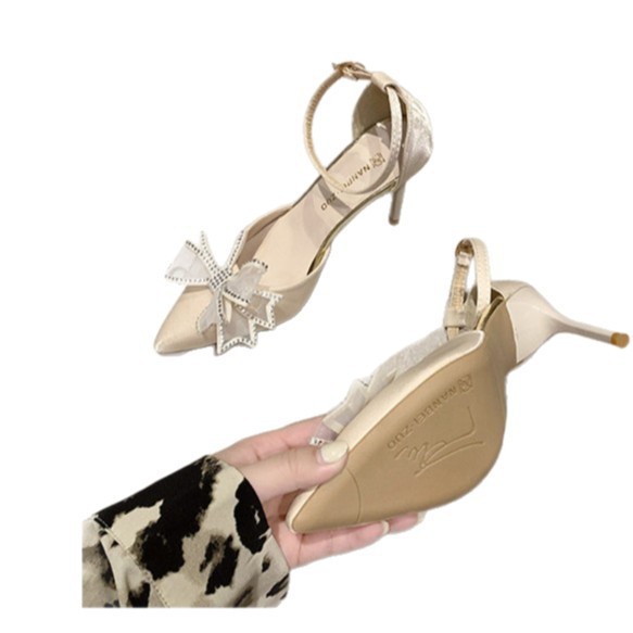 The new bow buckle high heels for women in the summer of 2025, featuring a slender silhouette for European and American socialite, are fashionable women's shoes with a shallow opening for outerwear Item Picture