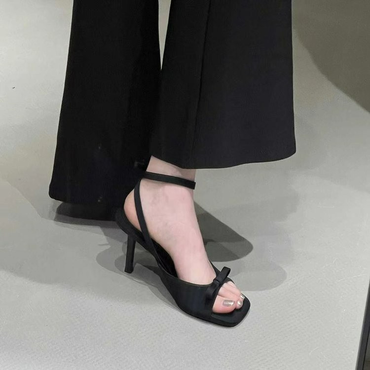 New square-toed ankle straps, silver silk satin bow, high-heeled flip-flops, thin-heeled open-toe women's sandals Specification drawing