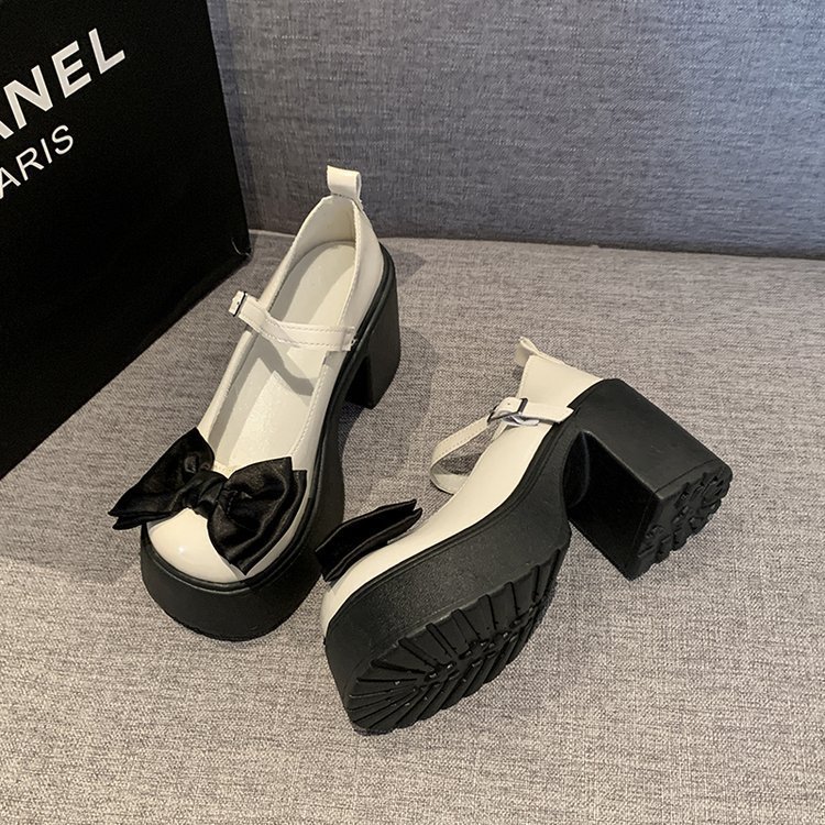 High heels for women 2025 Women's shoes, square toe, shallow opening, single shoes, women's thick heel, one-button, thick-soled, Mary Jane shoes, 9 cm Specification drawing