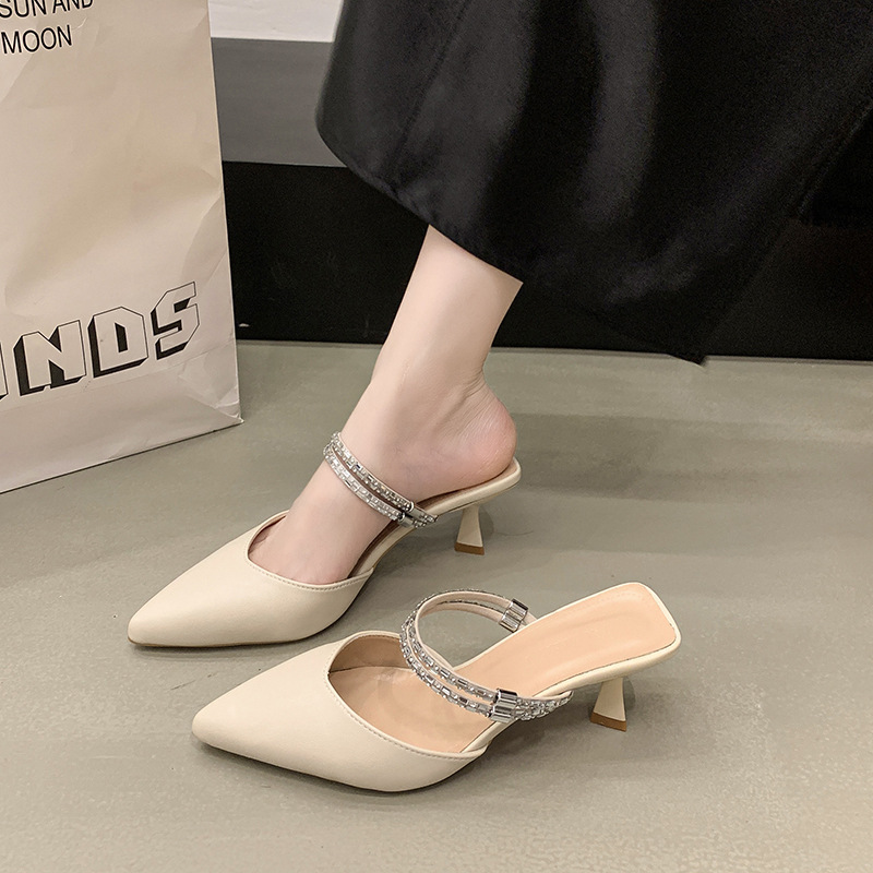Women's mid-heel flip-flops, summer outerwear, pointed-toe thin-heel rhinestone back empty single shoes, 2025 new style full figure