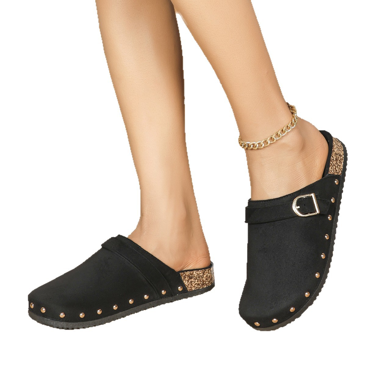 Classic black rivet toe Burken shoes, comfortable for both home and outdoor wear, anti-slip French casual women's shoes with cork drag Item Picture