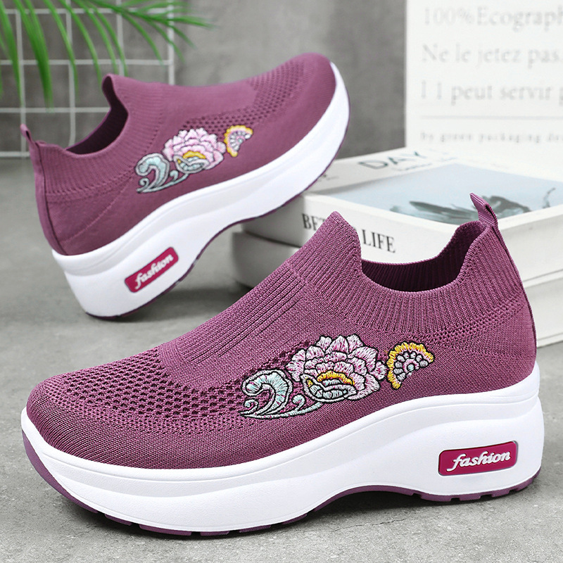 Women's shoes, foreign trade women's shoes, thick-soled height-increasing shoes, embroidered shoes for the middle-aged and elderly, mom's shoes, flying woven breathable casual shoes, single shoes full figure