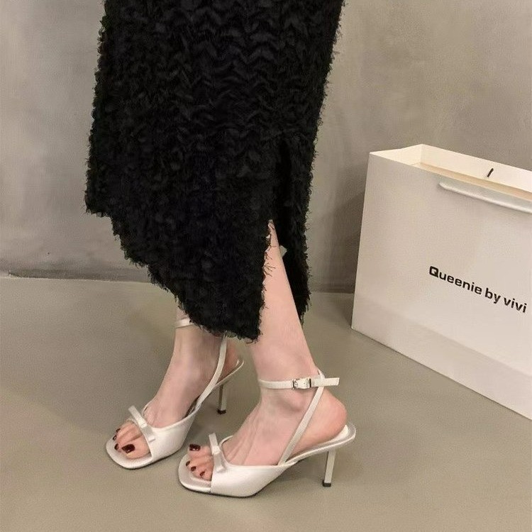 New square-toed ankle straps, silver silk satin bow, high-heeled flip-flops, thin-heeled open-toe women's sandals full figure