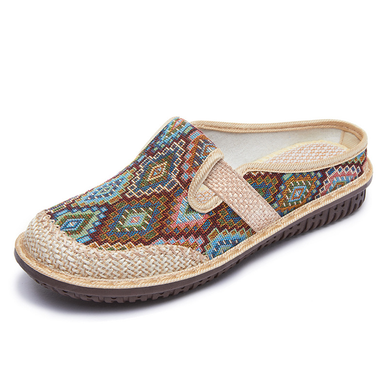 Jinshiyuan - Women's shoes, casual shoes processing and customization, ethnic style embroidered shoes, one-foot flip-top, half-toe, versatile single shoes Item Picture
