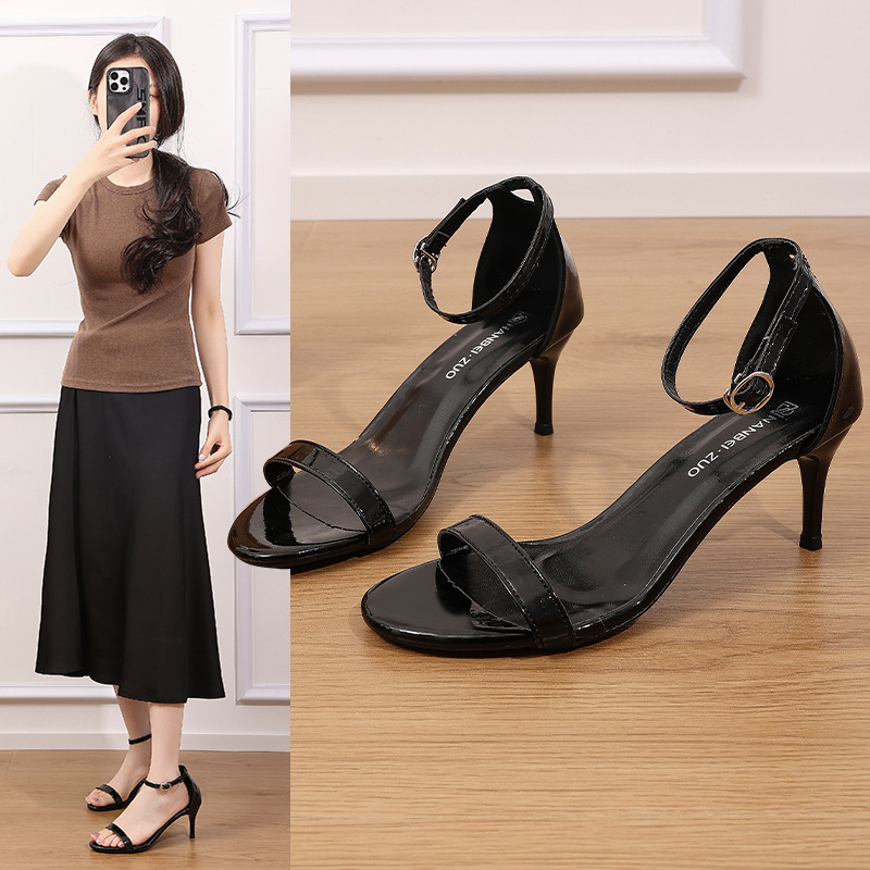 2025 Summer new high-heeled sandals, French fashion fairy style black simple sandals, summer high heels full figure
